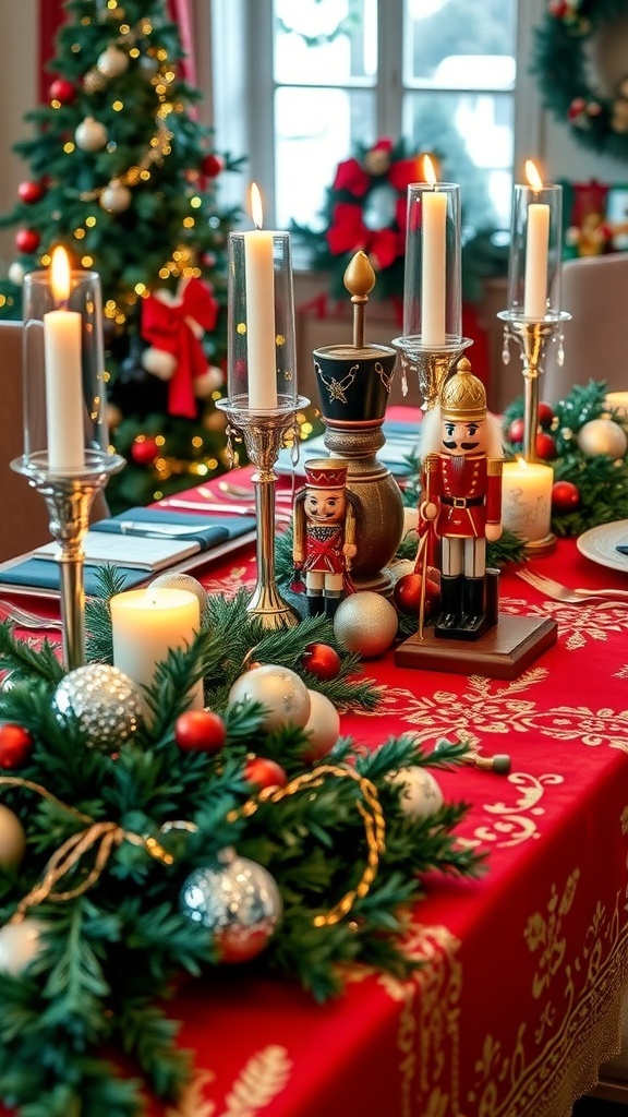 Christmas table decorated with nutcracker figurines, ornaments, candles, and greenery.
